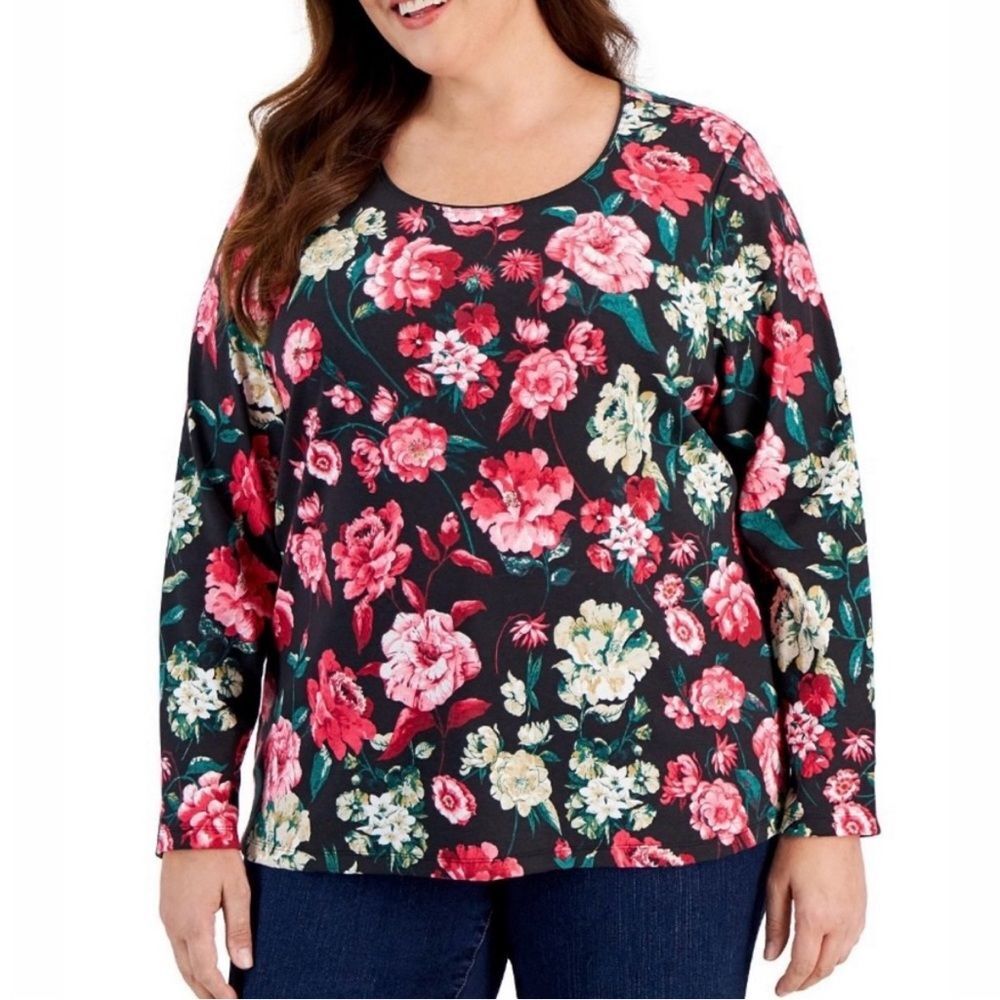 Karen Scott 2X Floral Top Cotton Blend Long Sleeve